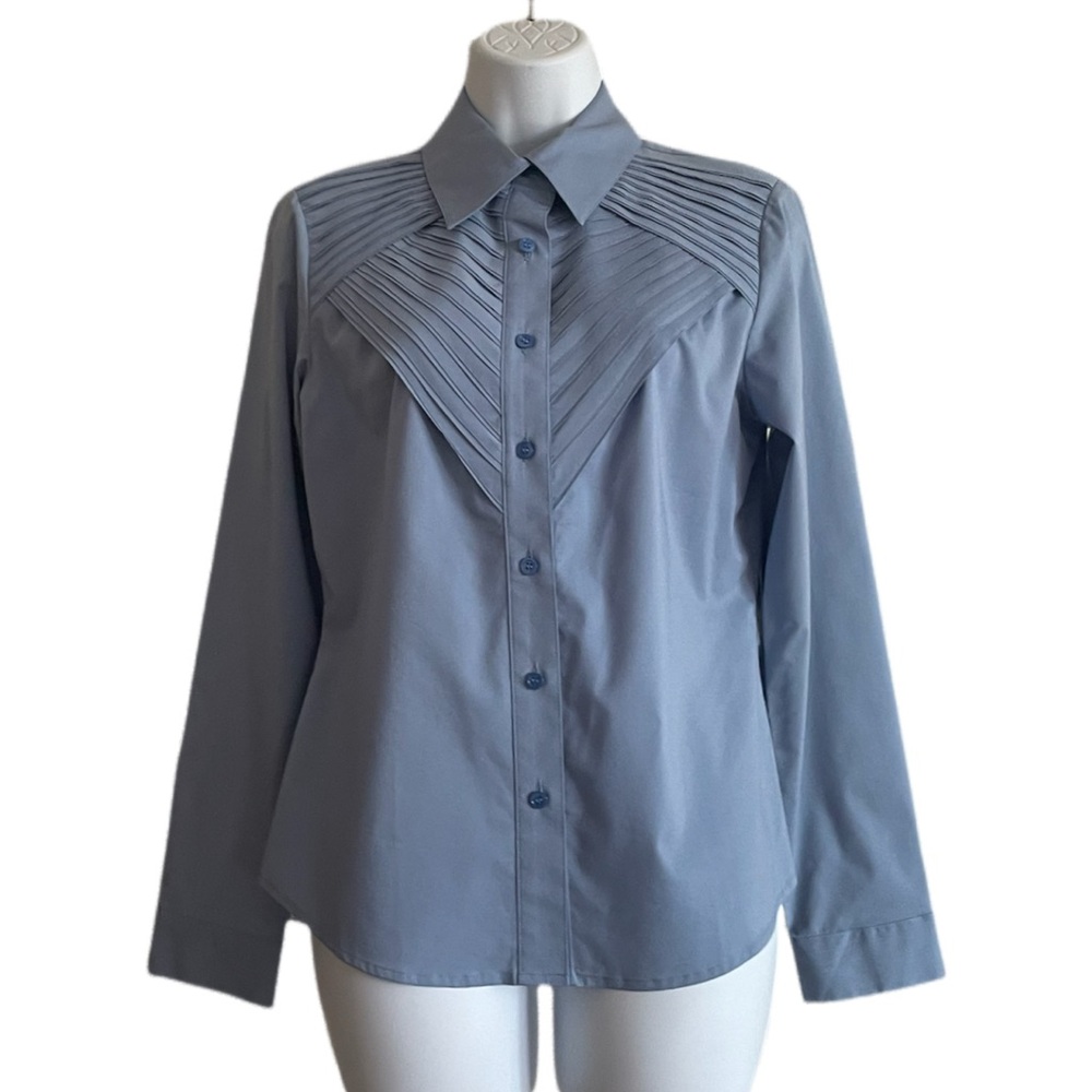 Doncaster Fitted Button-Up Blouse w/ Dramatic Pleat Front Details